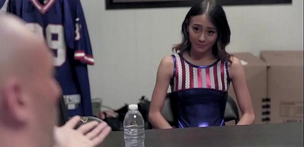  Tiny Asian cheerleader Jasmine Grey will do everything just to pass the auditions and showed her fucking skills with her trainer Brad Newman.
